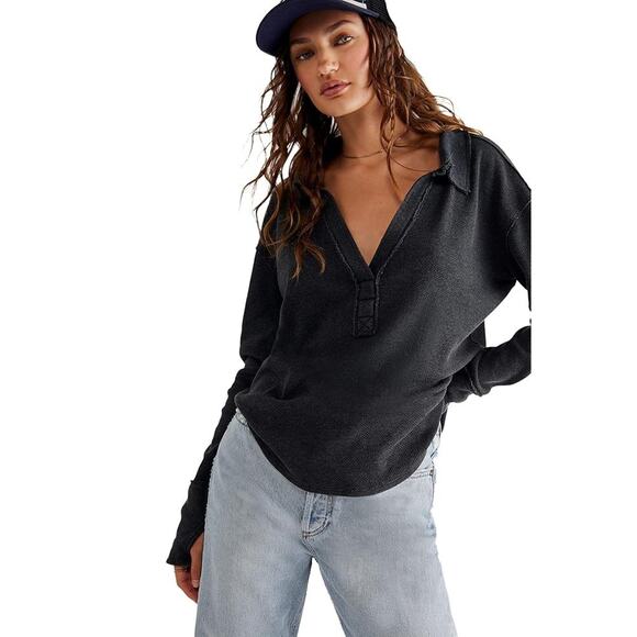 We The Free Womens Charcoal Gray V-Neck Thermal Pullover Sweater Small - Picture 1 of 10